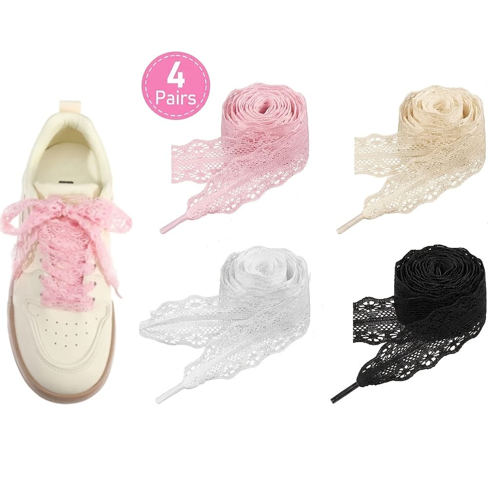 TEMU 4 Pairs Of Lace-trimmed Shoelaces, Flat And Soft Shoelaces, Openwork Lace Ribbon Shoelaces For Sneakers, Suitable For Women, Without Battery