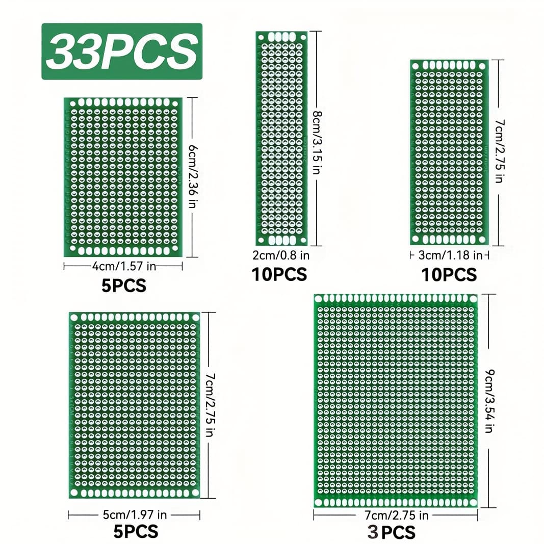 TEMU 33pcs Double-sided Pcb Prototype Circuit Board Kit, 5 Sizes Of Green Universal Printed , Used For Electronic Component Soldering, Suitable For Diy Soldering Projects.