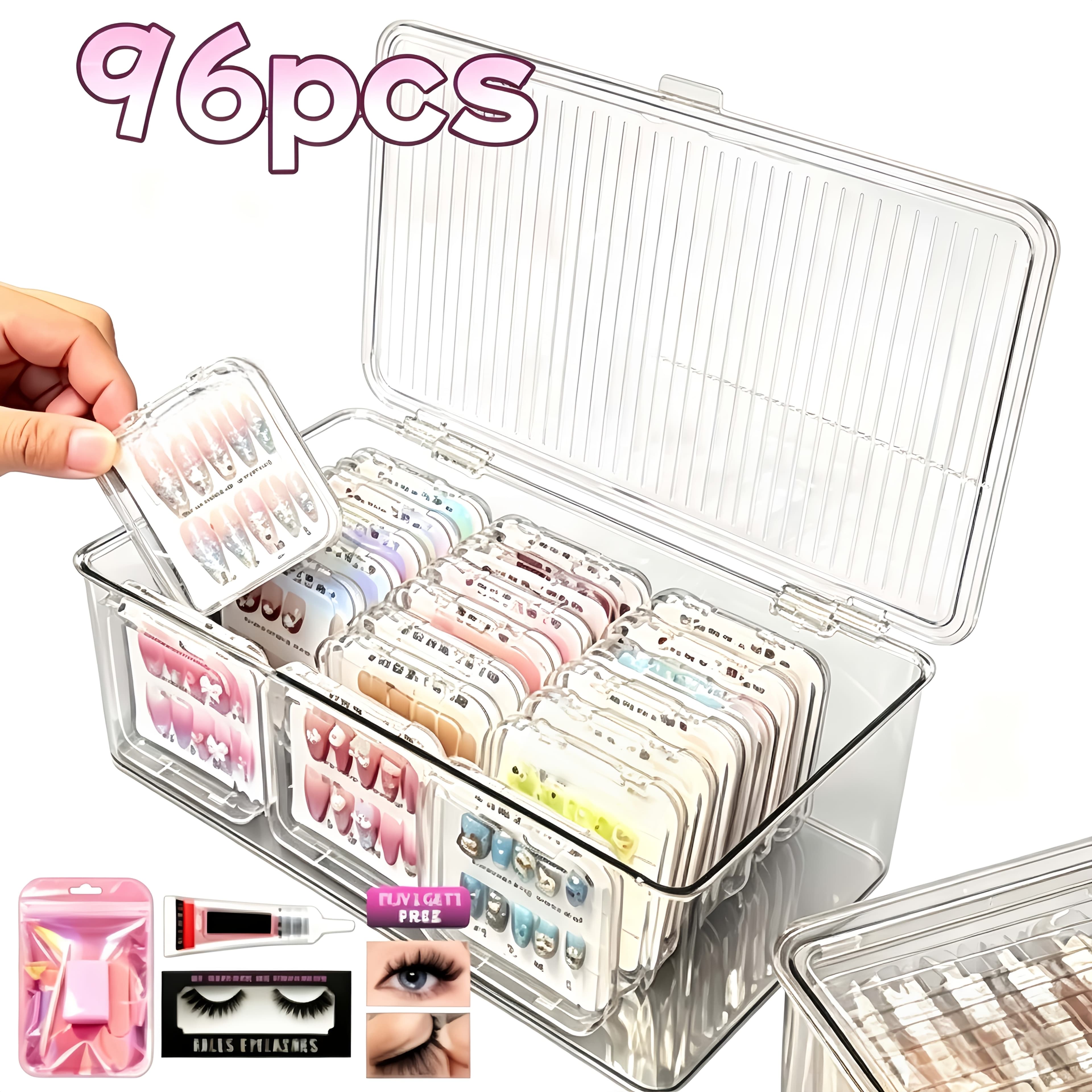 TEMU 96pcs Press-on Nails Set. Unlock Popular Styles Including French, Nude, And Y2k Edgy Looks, With Coffin, Square Ultra Cost, No Repeated Orders Needed To Try . Bonus False Eyelashes Included