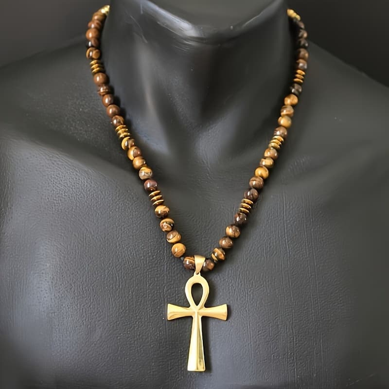 TEMU Adjustable Long Macrame Necklace Featuring An Ankh Cross And Natural Black Onyx Beads, Perfect As A Gift For Him, Her, Or Mom
