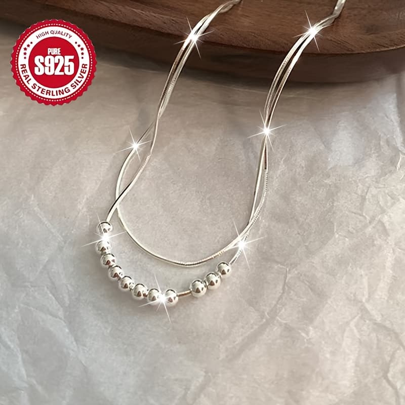 TEMU 925 Silver Hypoallergenic Necklace, 1 Pack, Women'-layer Snake Bone Chain Round Bead Necklace, Light Luxury , Collarbone Chain, Couple Gift, Best Friend