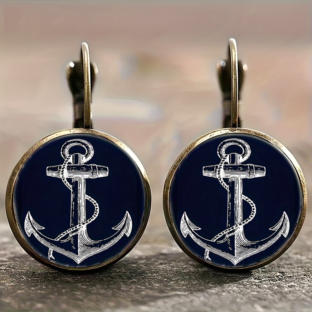 TEMU Vintage-style Round Earrings Made Of Alloy, Featuring White Anchors Against A Navy Blue Backdrop. Elegant Jewelry Pieces Are Easy Yet Trendy, Wear. Make A Great Gift And Are Suitable For Events