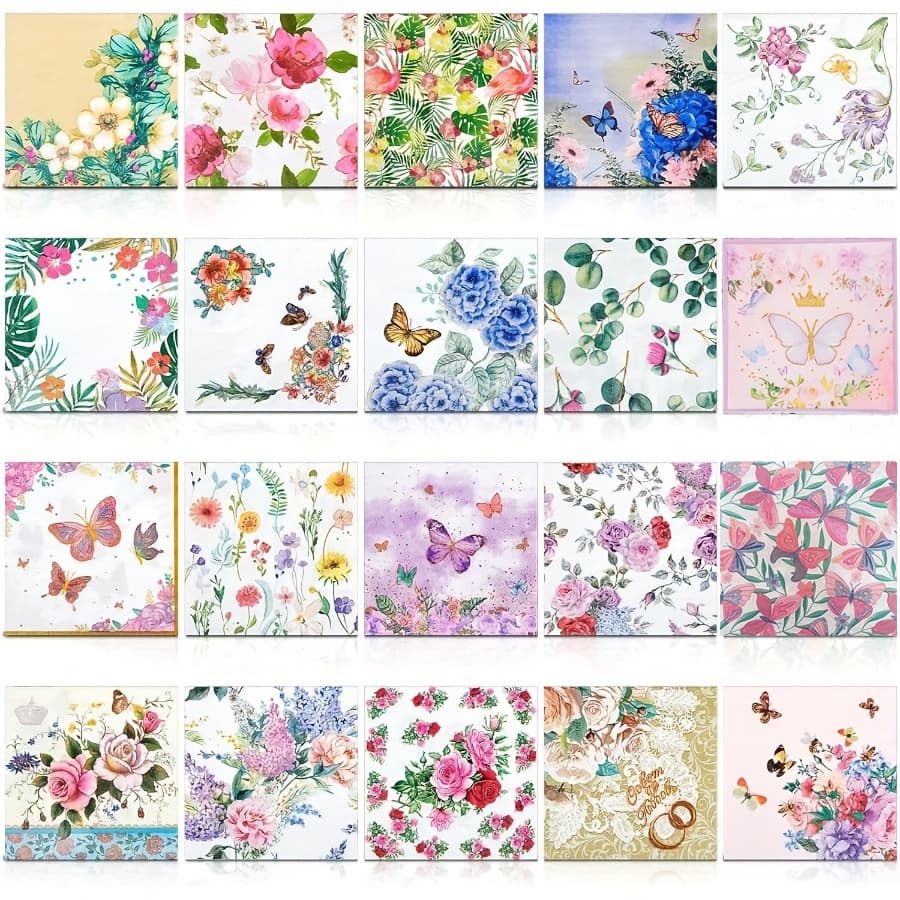 TEMU 20pcs Assorted Floral Napkins For Decoupage, Flower Cocktail Decorative Paper For Birthday Party Beautiful Gorgeous, 20 Styles Each 6.5in