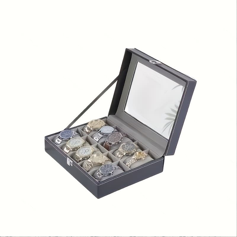 TEMU 10/12 Slot Watch Box | Scratch-resistant Flocked Lining And Removable Watch Cushions | Drawer- With Viewing Window (stackable)