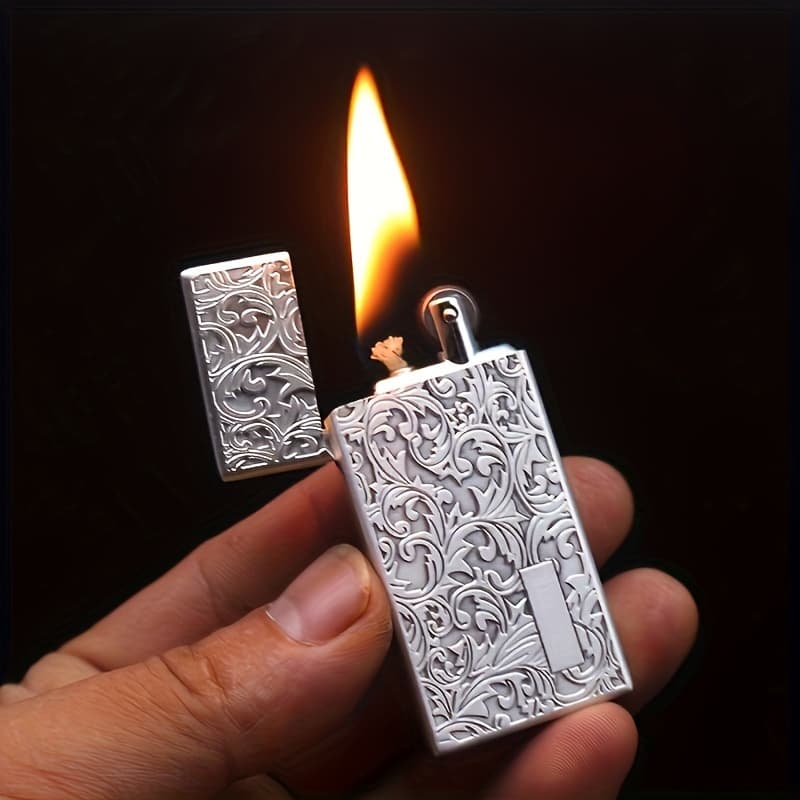 TEMU Elegant Vintage- Kerosene Lighter With Tang Grass Relief Design - Sleek, Thin Profile, Feature, No Electricity Needed - Ideal For Home , Grinding Wheel, Old-fashioned Nostalgic