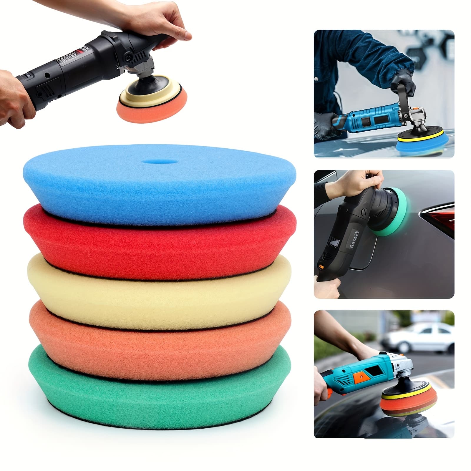 TEMU 5pcs 6-inch Sponge Rubber Polishing Discs, Da Foam Buffing Pads With Edge For Drill Polishing, Thick Grit Wheel Set For Automotive Shine Enhancement And Buffing