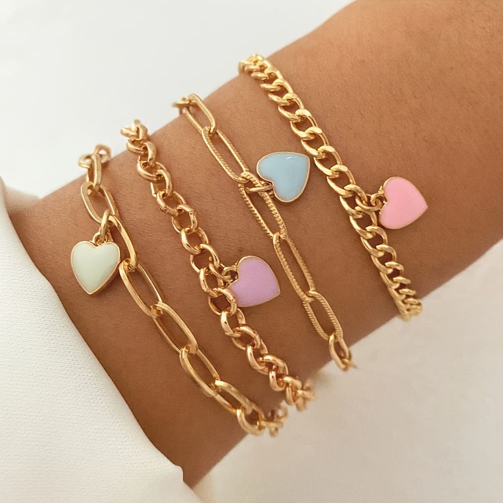 TEMU 4pcs Set Of Stylish And Simple Colorful Oil- Love Pendant Bracelets For Women With Design Sense, Perfect As A Gift For