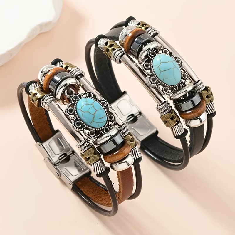 TEMU 2 Multi-layered Genuine Leather Bracelets In A Bohemian Retro , Perfect For Women's Fashion Jewelry, Ideal For Couples And A Great Holiday Gift
