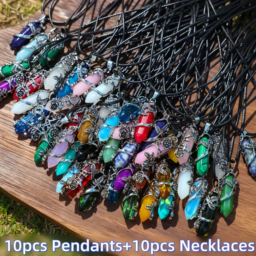 TEMU (10+10)pcs Flower Wrapped Pendant Necklaces - Multicolor Hexagonal Column Stone Charms With Black Pu Cord Chain, Holiday Daily Wear Jewelry Additions And Gift