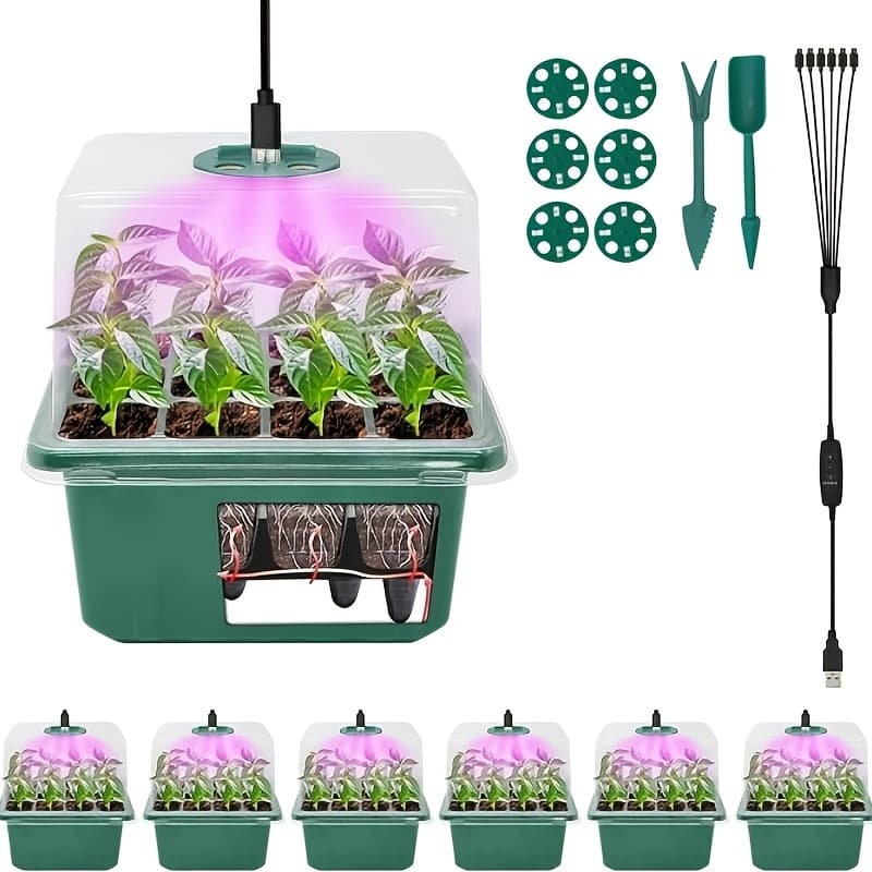TEMU 6 Pack/72 Cells Seed Starter Trays With Timer, Self Watering Seed Starter Kit With Grow Light, Plant Germination Trays With Dome, Heightened Lids For Greenhouse Seeding Planting Growing