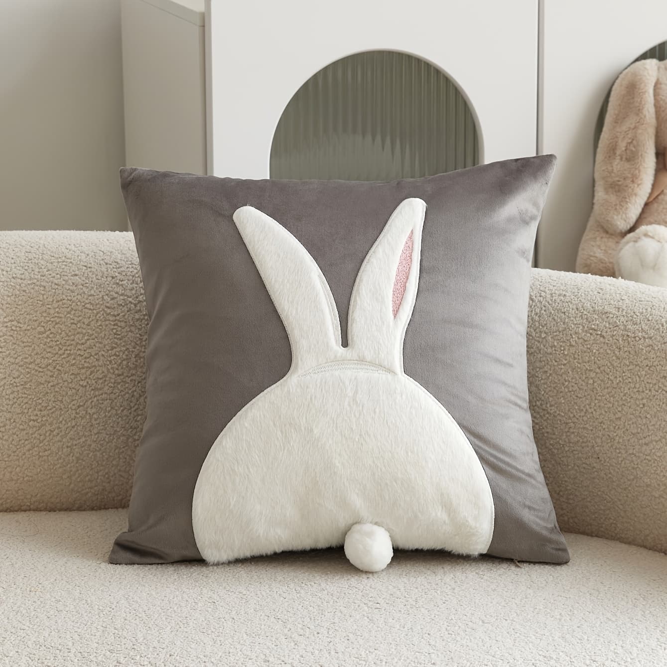 TEMU 1pc 3d Embroidered Cute Rabbit Handmade Ball Pillow Cover | Suitable For Living Room, Bedroom, Car, And Party Environments, Polyester, Spot-