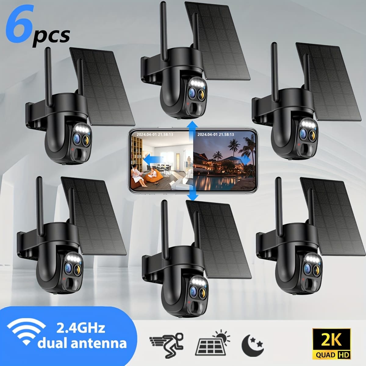 TEMU 6pcs [10x Zoom] 360-degree Low- Panel Battery 2k Fhd Wifi With Spotlight Alarm, Motion Detection, Color Night Vision, Audio And