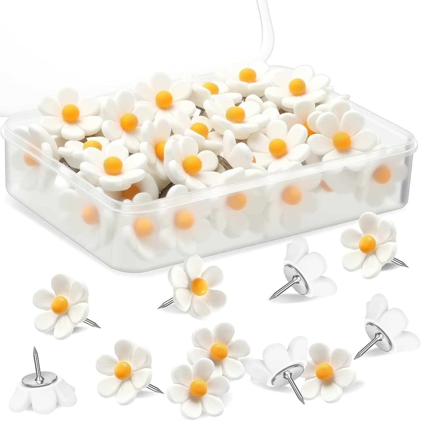 TEMU 23pcs Floral Push Pins - White With Yellow , Durable Abs Board Pins For Photo Wall, Map, Bulletin Board, Office & Home Decor, Decorative Push Pins, Office Decoration, Design, Sturdy Construction