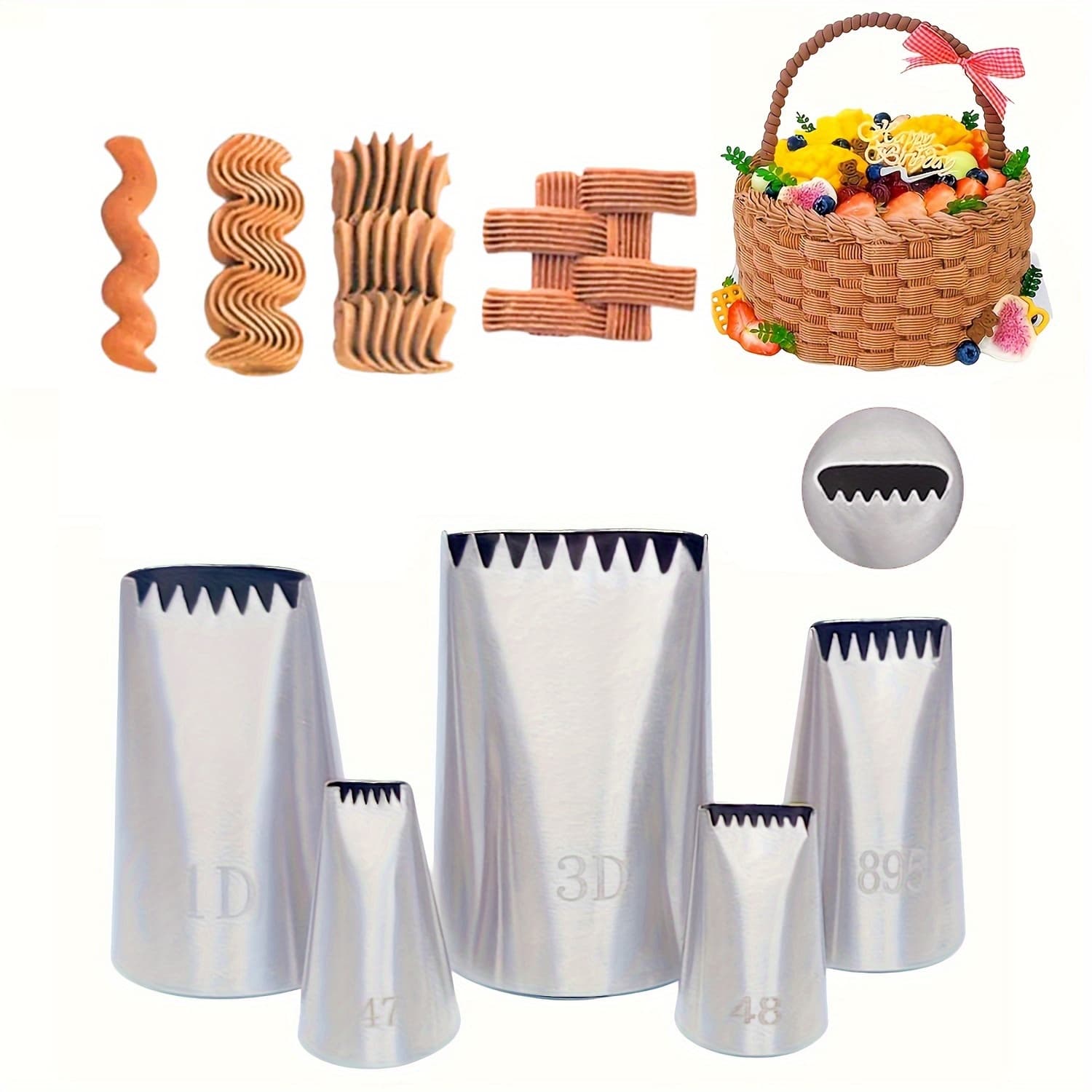 TEMU 5pcs Piping Tip Set, Stainless Steel 304 Half Row Braided Flower Mouth Nozzles, Frosting Icing Tips For Cupcakes, Cake, Cookie And Decorating #47 48 895 1d 3d
