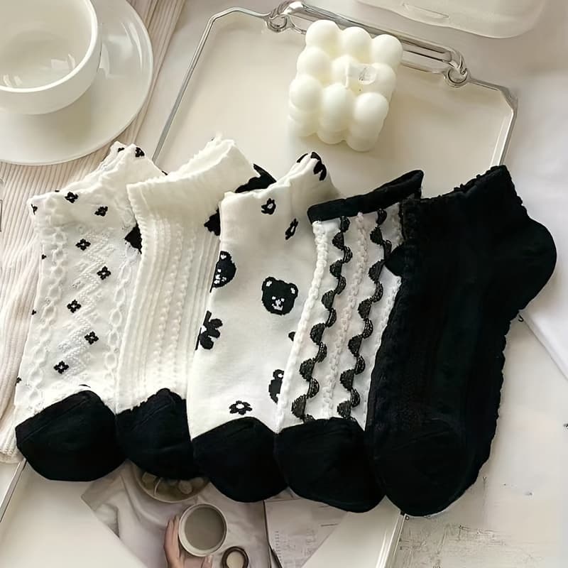 TEMU 5 Pairs Flower Bear Socks, Cute And Sweet Ankle Socks, Women's Stocking Socks