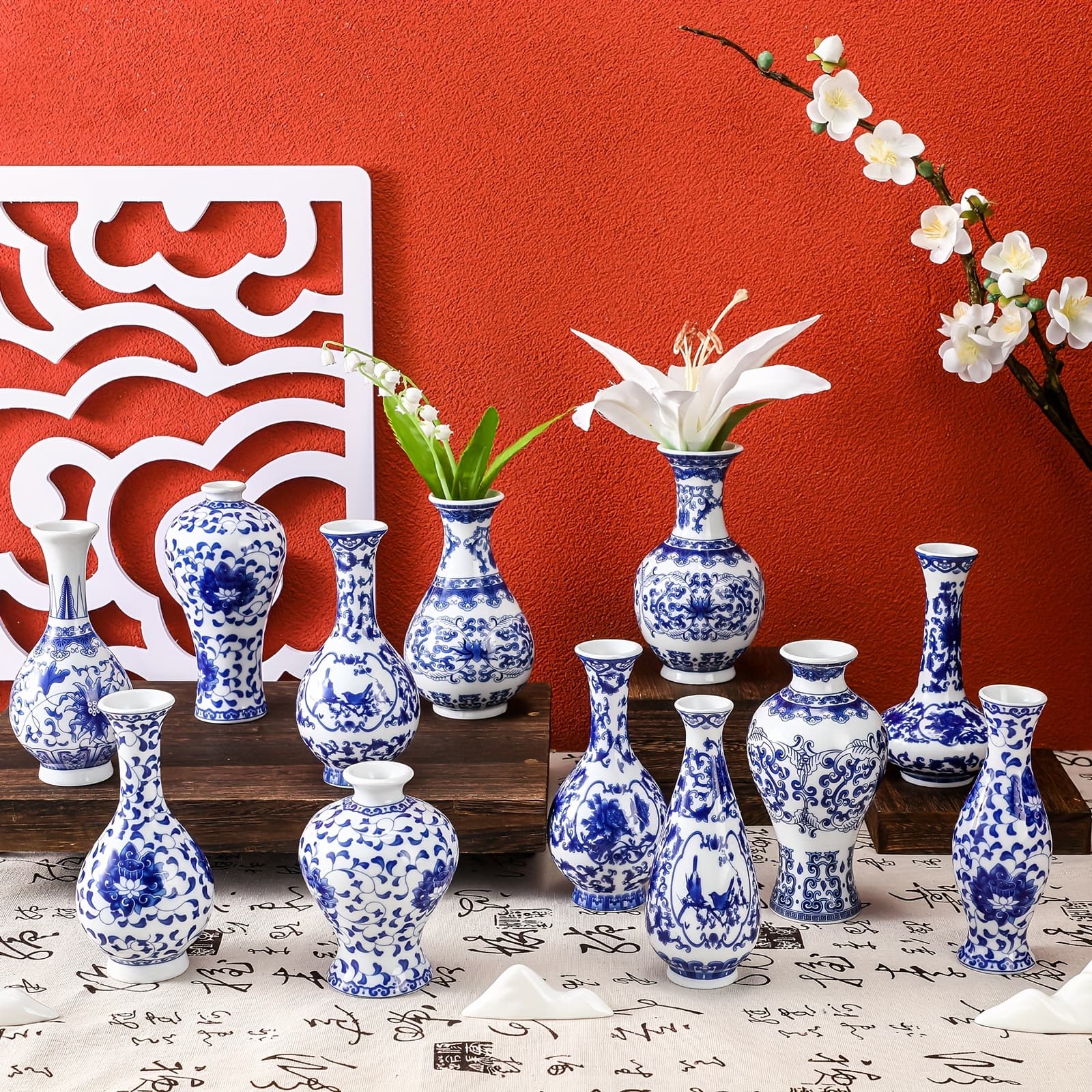 TEMU Set Of 12 Porcelain Blue And White Vase, Mini Chinoiserie Vintage Ceramic Oriental Vase Chinese Flower Jardiniere For Home Office Table Decor,