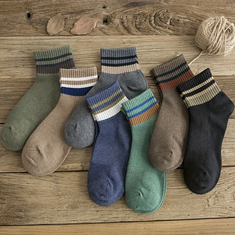 TEMU 7-pair Pc Men's Striped Crew Socks, Spring/autumn Style, Mesh Breathable Classic Striped Men's Socks, Ins-style Trendy Versatile Sweat-absorbent Mid-calf Socks