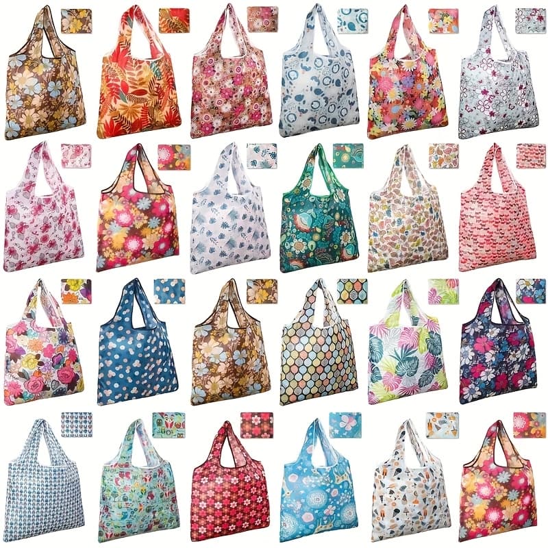 TEMU 24pcs Reusable Grocery Bags - Durable Polyester Foldable Shopping With Vibrant Floral Patterns, Bags For Groceries, Kitchen, Picnics & Beach (assorted Sizes), Shopping Bags, Pattern