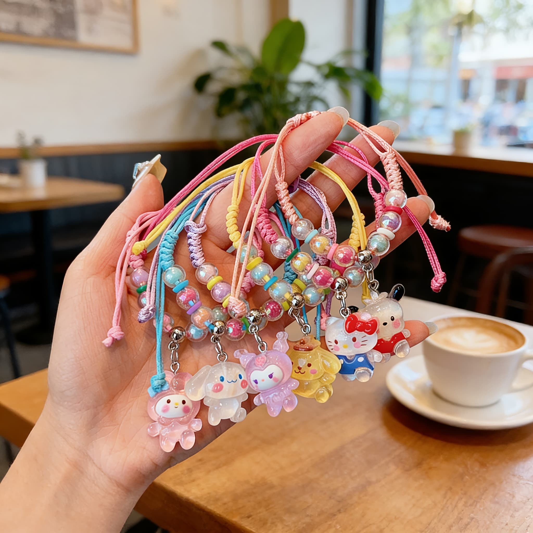 TEMU 6pcs Hello Kitty Woven Bracelet Set, Anime Beaded Lanyard, Youth Jewelry, Suitable As Holiday Gifts, Including Kuromi, , Pompompurin, Cinnamoroll, And My Melody