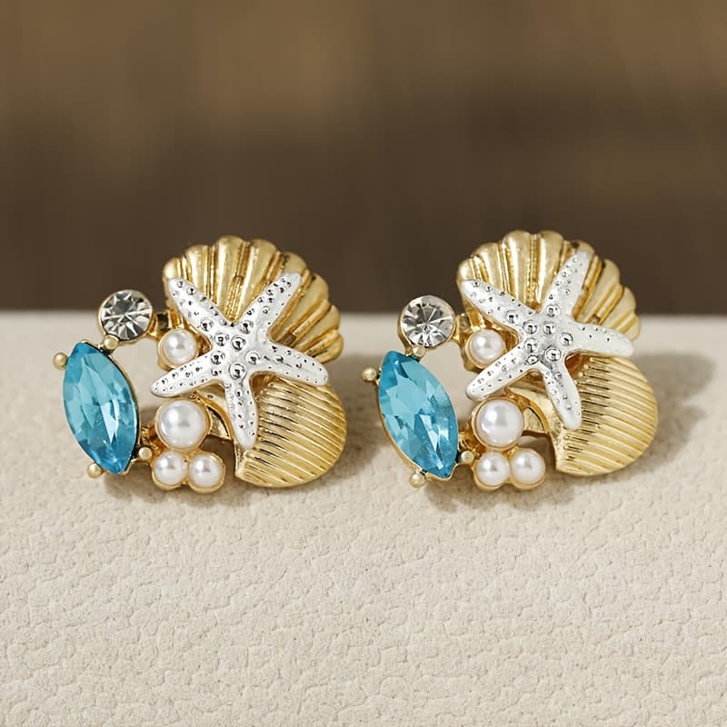 TEMU Fashionable Earrings Designed With Glass Gems And Starfish , Featuring A Unique Shell-like Shape And , Perfect For Wear