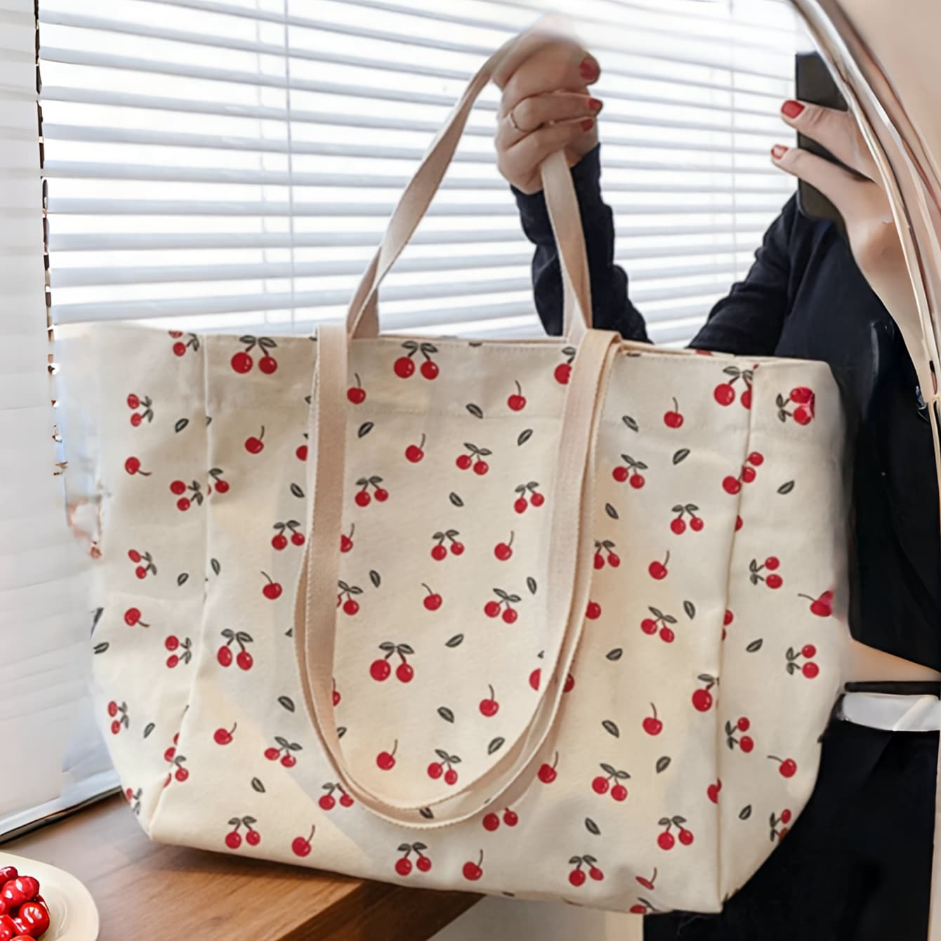 TEMU Cherry Print Tote Bag - Cute With Cherry Pits, Fabric Handbag Suitable For Daily Shopping, Travel, & - Spacious Casual Bag With Strap