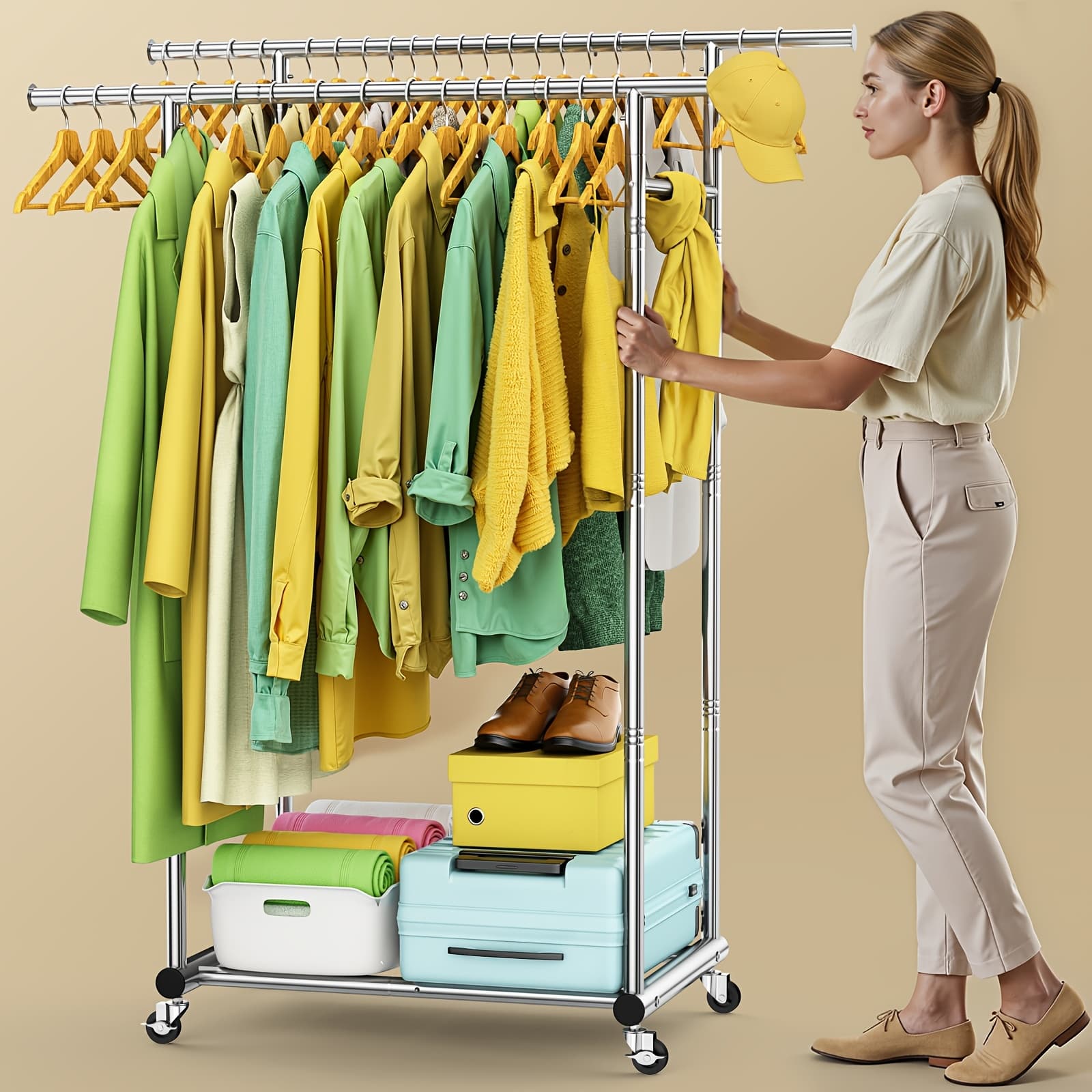 TEMU Sturdy Metal Double Rodding Clothes Rack With Wheels, Portable Clothing Rack With Shelves & Hooks, Heavy Duty For Hanging Clothes, Multi-functional Closet Rack For Bedroom, Black