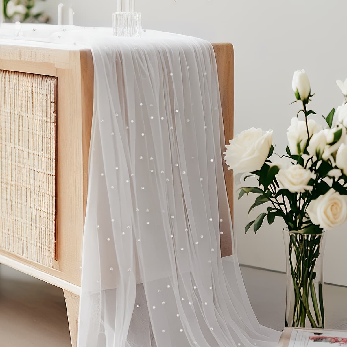 TEMU 1pc White Transparent Lace Fabric Table Runner, With Pearl Table Runner, For Bridal Veil And Home Decoration - Suitable For Weddings, Parties And Festive Celebrations