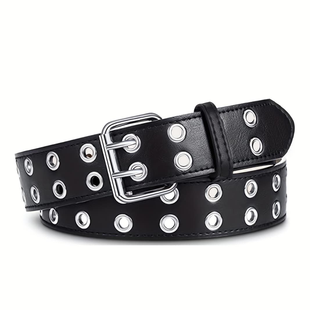 TEMU Double Studded Eyelet Belt Black Pu Leather Punk Belt Hip Hop Unisex Jeans Pants Belts For Women Men