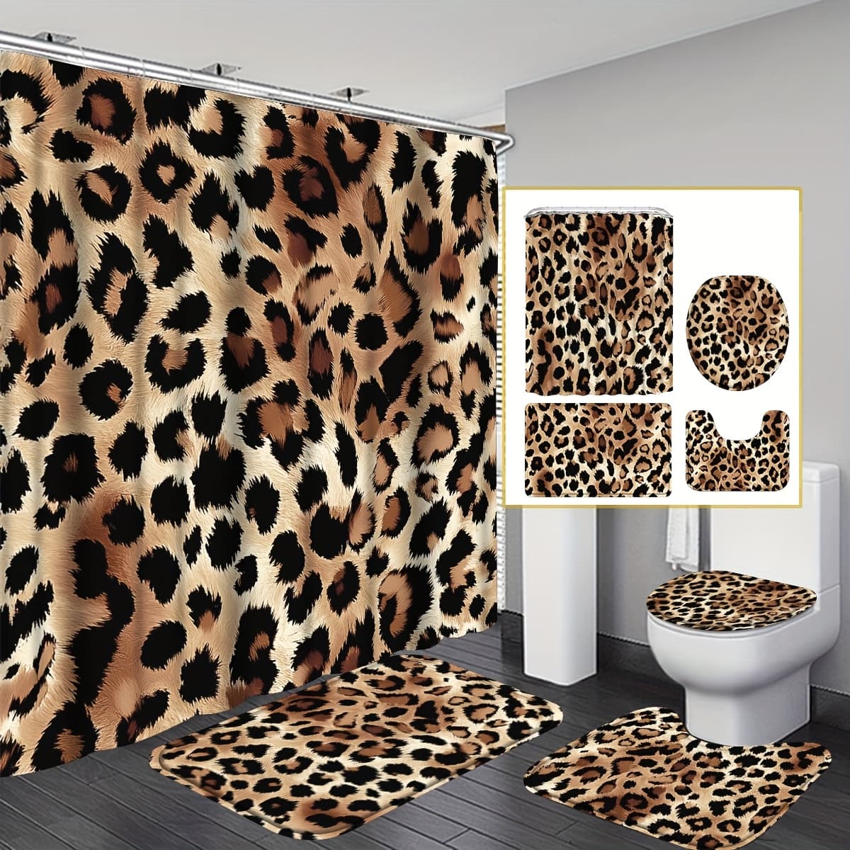 TEMU 4pcs Leopard Print Shower Curtain Bathroom Sets Full Set, Brown Leopard Bathroom Set With 12 Hooks, Non-slip, Toilet Lid Cover, U-shaped, Wild Animal Fur Wildlife Bathroom Decor And Additions