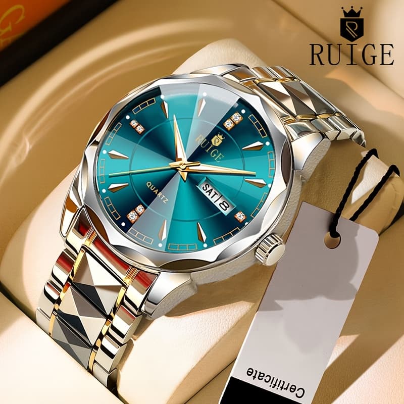 TEMU Ruige Men's Fashion Trend Quartz Watch | Night Light Dual Calendar, Diamond Shaped Watch Mirror, Stainless , Alloy Strap, Business Leisure, Ideal Gift For Father's Day