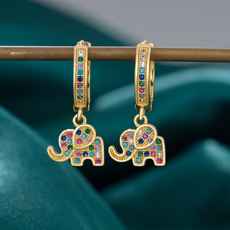 TEMU 2pcs Bohemian Style Vintage Elephant Earrings, Niche Design Small Elephant Dangle Earrings With Colorful Synthetic Synthetic Zirconia, High-end Copper Micro-inlaid Synthetic Zirconia Jewelry