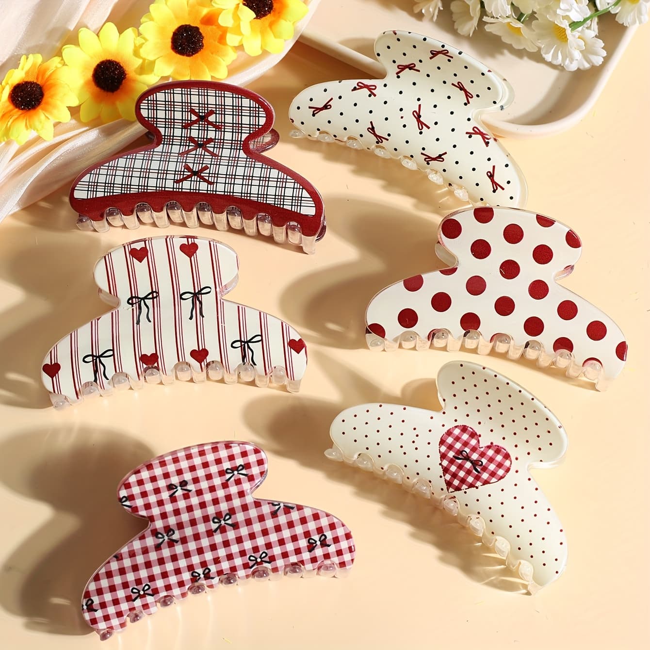 TEMU 6pcs Spring And Bow Love Heart Print Hair Claw Clip Temperament Literary College Style Hair Clip Shark Clip Hair Additions, Suitable For Home, Daily Life, Party, Driving