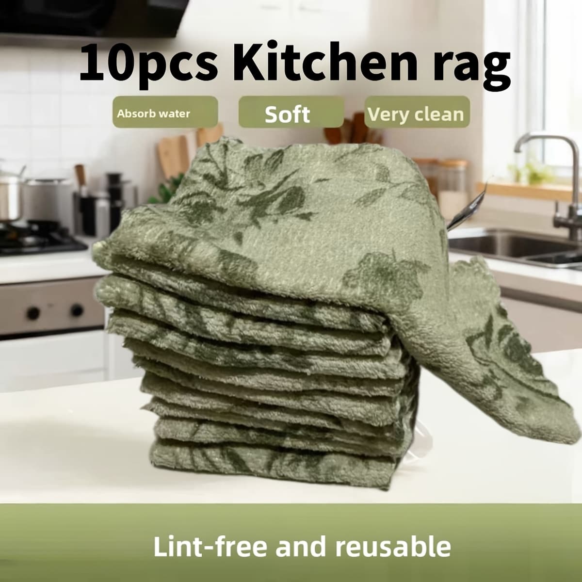 TEMU 10pcs Kitchen Dish Cloth Cleaning Towel Coral Material Green Rose Pattern Wash Wipe Table Countertop Stove Sink Home Use Soft Thick Lint Reuse Holiday
