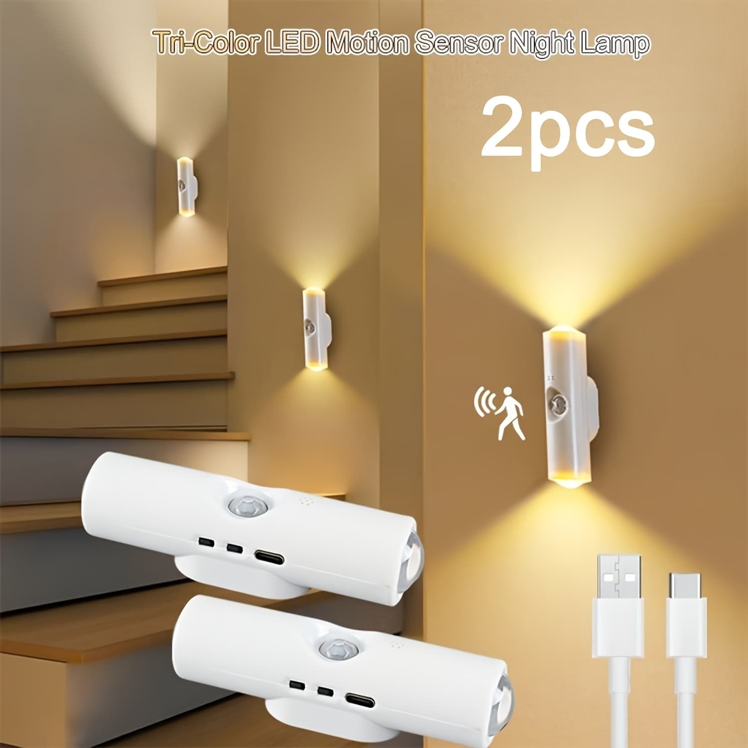 TEMU Rechargeable Night Light, 2 Pack Dual Head Led Wall Mount Sensor Light, Dimmable 3 Colors (warm White/neutral/cool White), Charging, For Living Room, Bedroom, , Lighting, For 11 Festivals