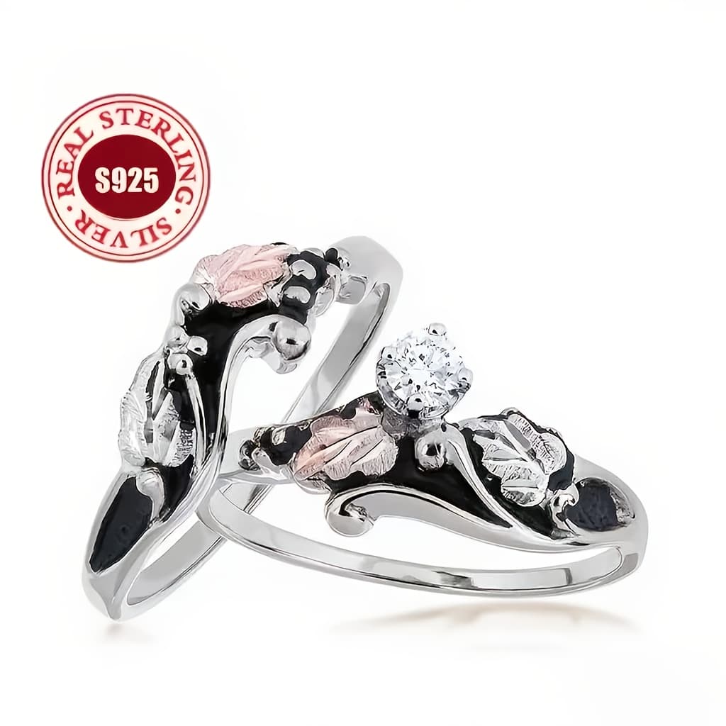 TEMU Elegant S925 Sterling Silvery 2pcs Ring Set With Leaf Design And Black Drip Oil Design -5a Artificial Cubic 5a Zirconia Inlay, Suitable For Daily Wear, Banquets, Engagement Gifts