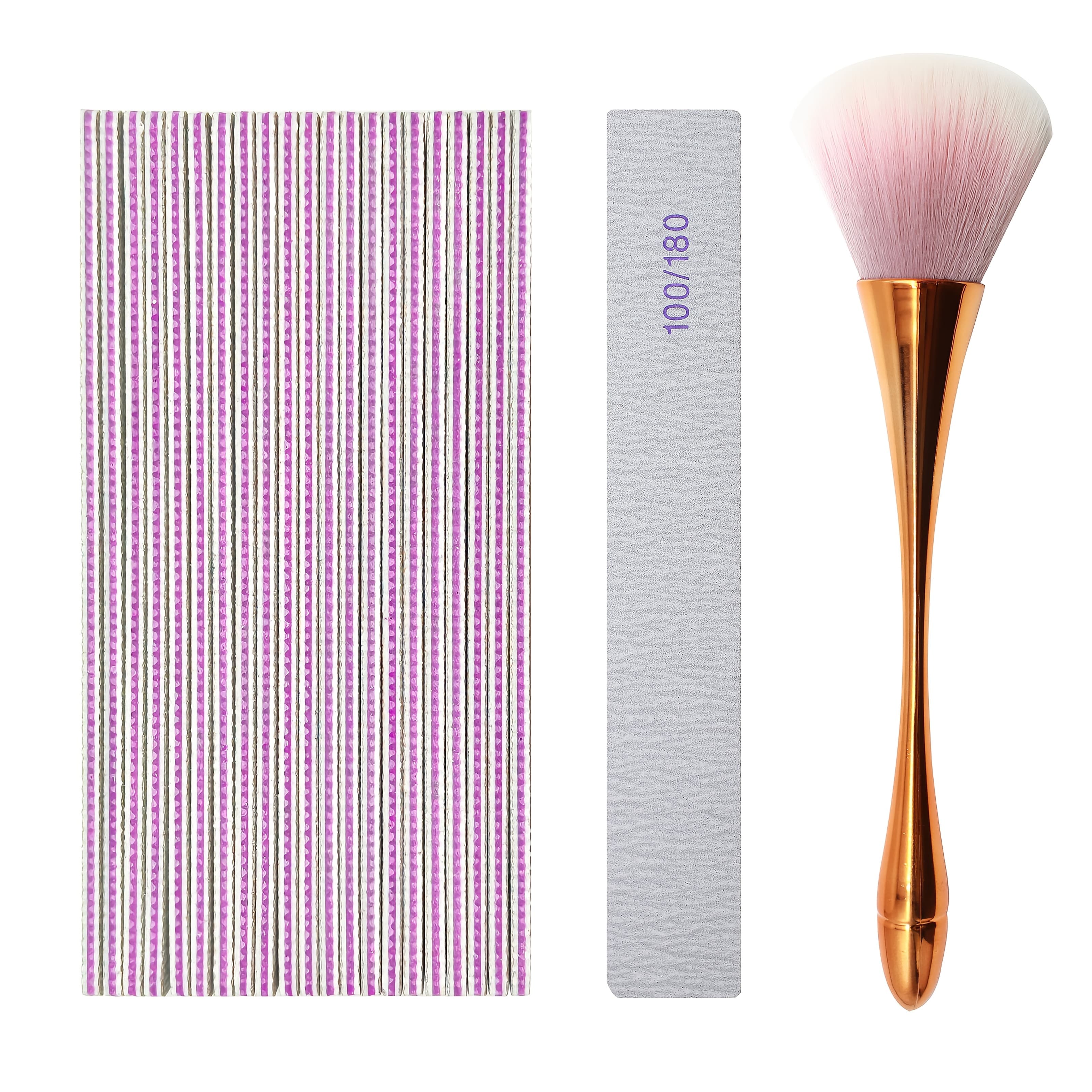 TEMU Aridito 25pcs Nail Files 100/180 Grit And 1pc Rose Golden Makeup Powder Brush Small Waist Shape, Double Sides Professional Reusable Emery Board Nail Files For Acrylic Manicure Tools Suit For
