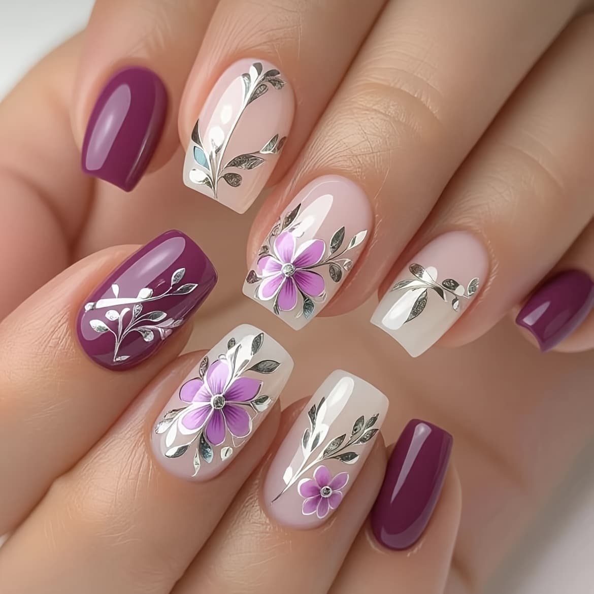 TEMU Hand-painted Purple Flower Silvery Branch Nail Stickers, Color-block Gradient Press-on Nails, Niche Light False Nails