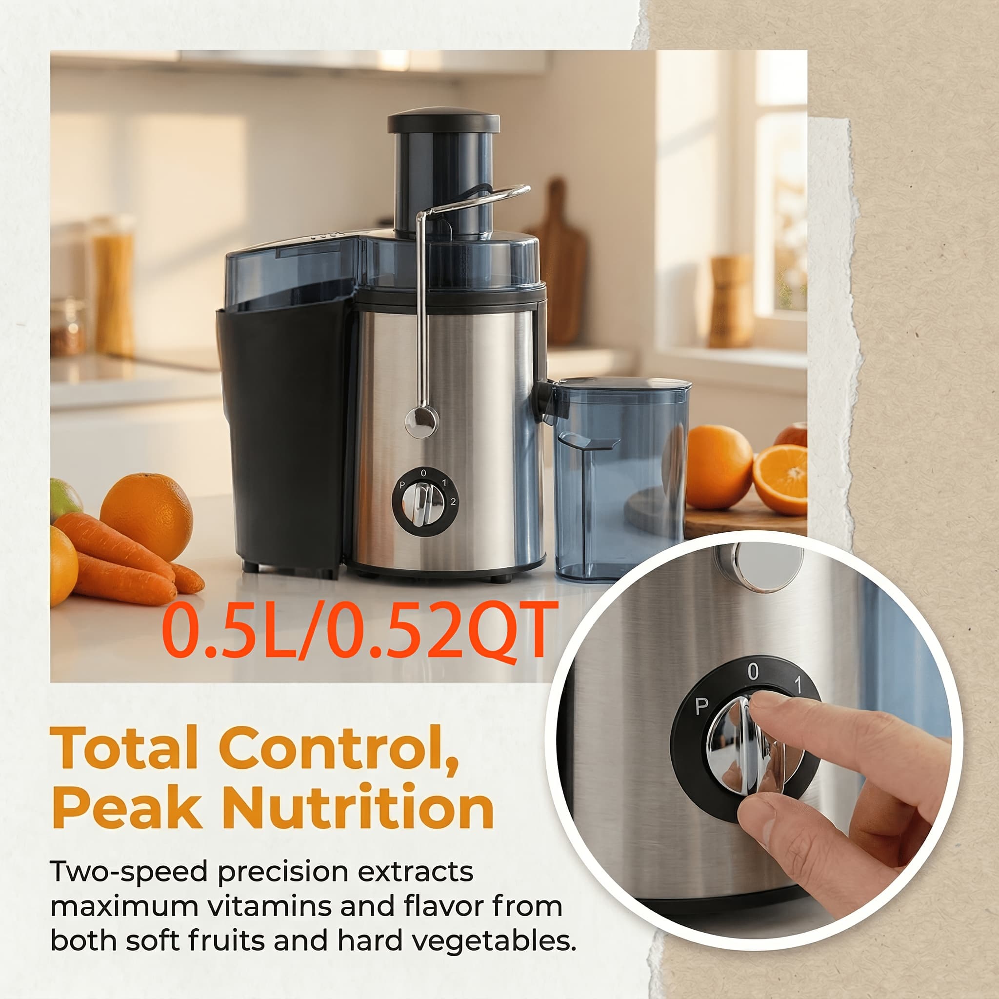 TEMU Fruit And Vegetable Centrifugal Juicer - 2-speed Adjustable Juicer With 3-inch Wide Feed Chute, With A 0.52-quart Juice Cup And A 54oz Container, Easy-to-clean Electric Juicer