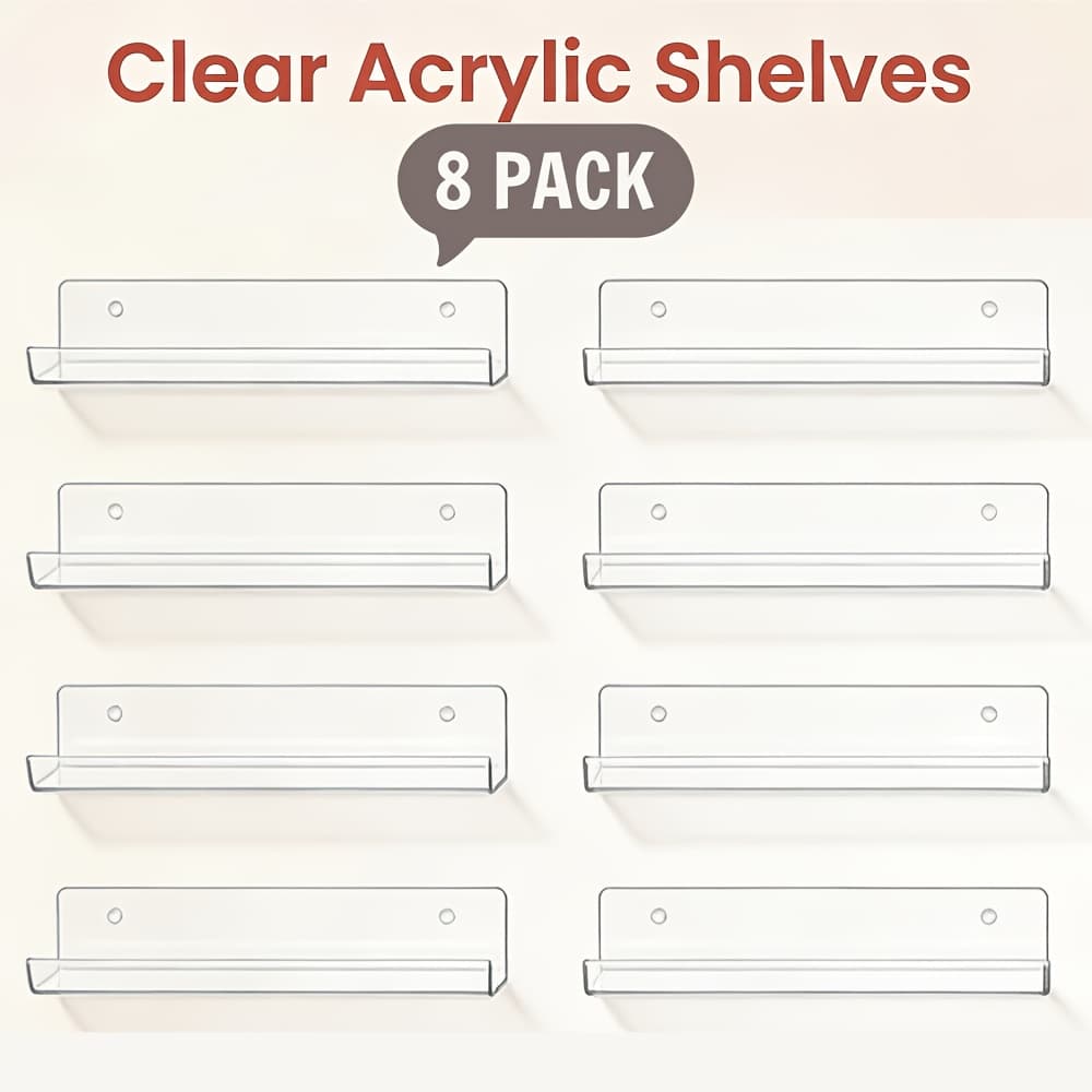 TEMU 8/16 Pack Acrylic Floating Shelves | 15 Inchx4 Inch Wall Hanging Display Shelf Organizer For Bathroom, Bedroom, Living Room, Kitchen, Room Decor, Clear