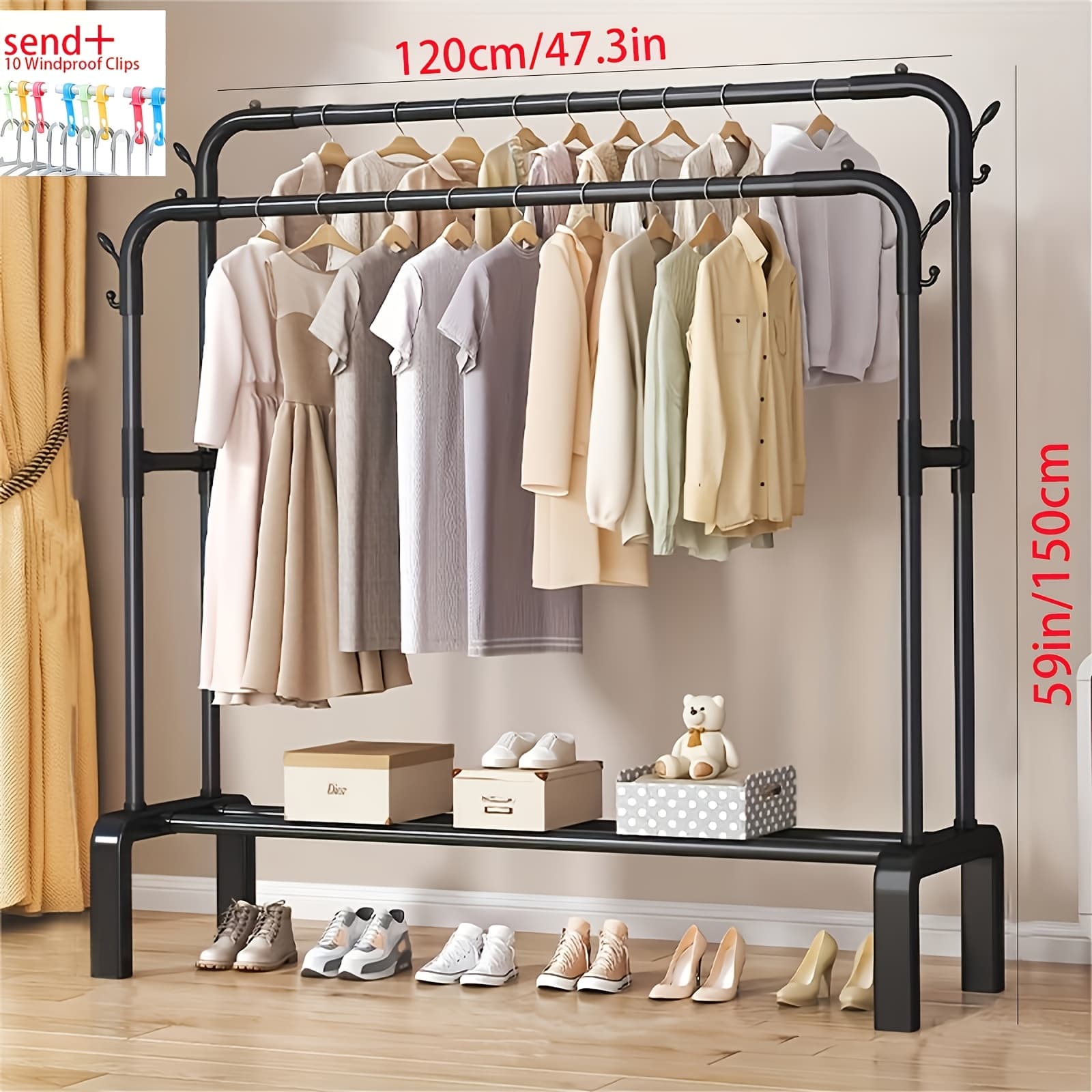 TEMU Double Rod Clothing Rack With , Heavy Duty Garment Organizer With Extra Hooks, Space Saving Clothes Rack - Storage Stand, Stylish Metal Clothing Organizer For Bedroom