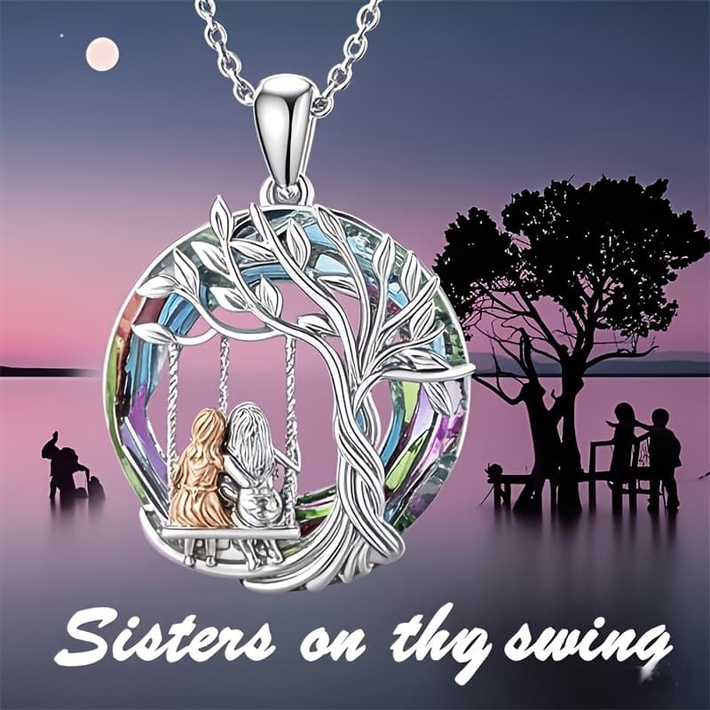 TEMU 1pc Sisters On Tree Of Life Pendant Necklace – Elegant Alloy Jewelry With Border, Perfect Birthday Gift For Granddaughter, Sisters, Or