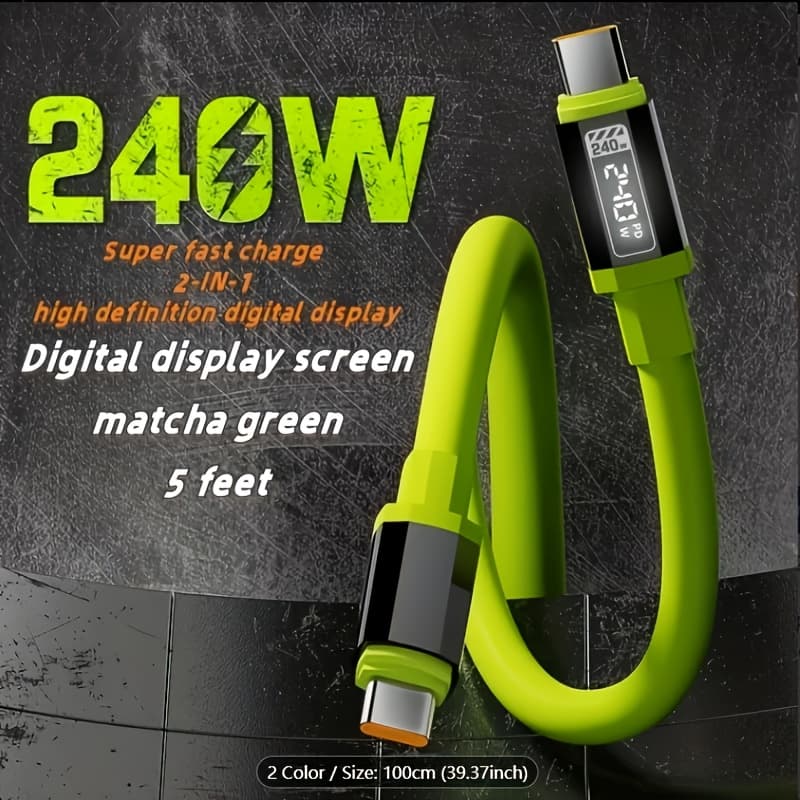 TEMU 240w Fast Charging Cable, Usb Type-c | Displays Battery Level In Real-time, 59.06 Inches Long, Works With , Huawei, Xiaomi, , Oppo, Vivo - Sleek Surface, Indicator, Power