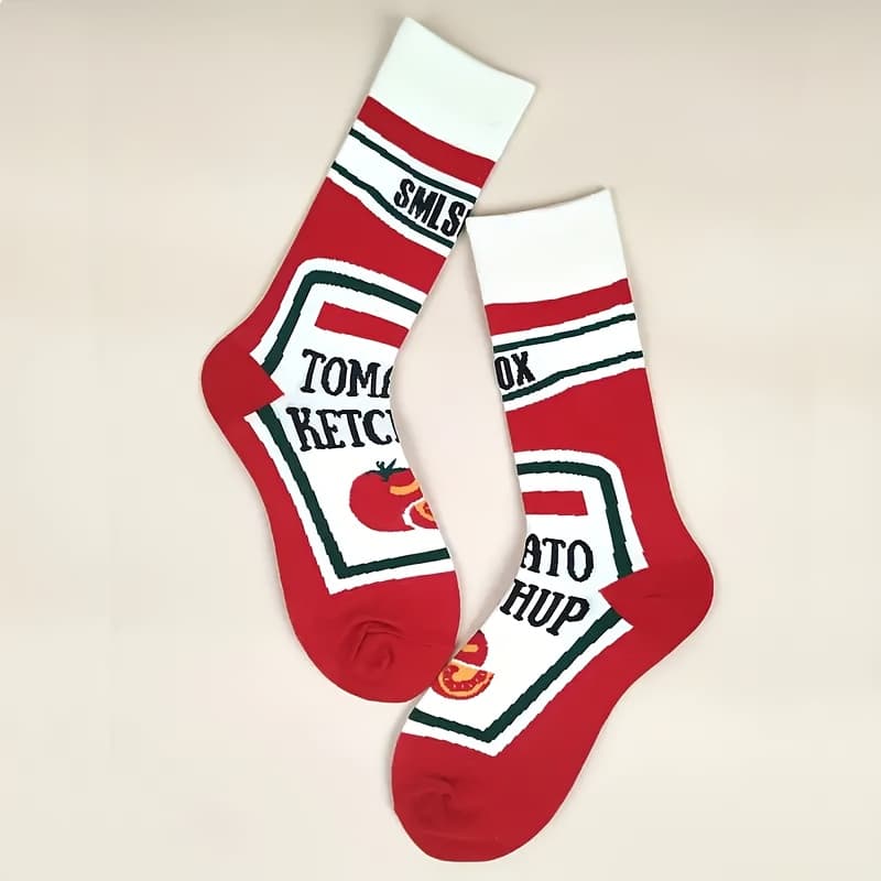 TEMU Autumn/ Tomato Sauce Cartoon Mid-calf Socks For Women, Comfortable Blend, Breathable Stretch Long Socks