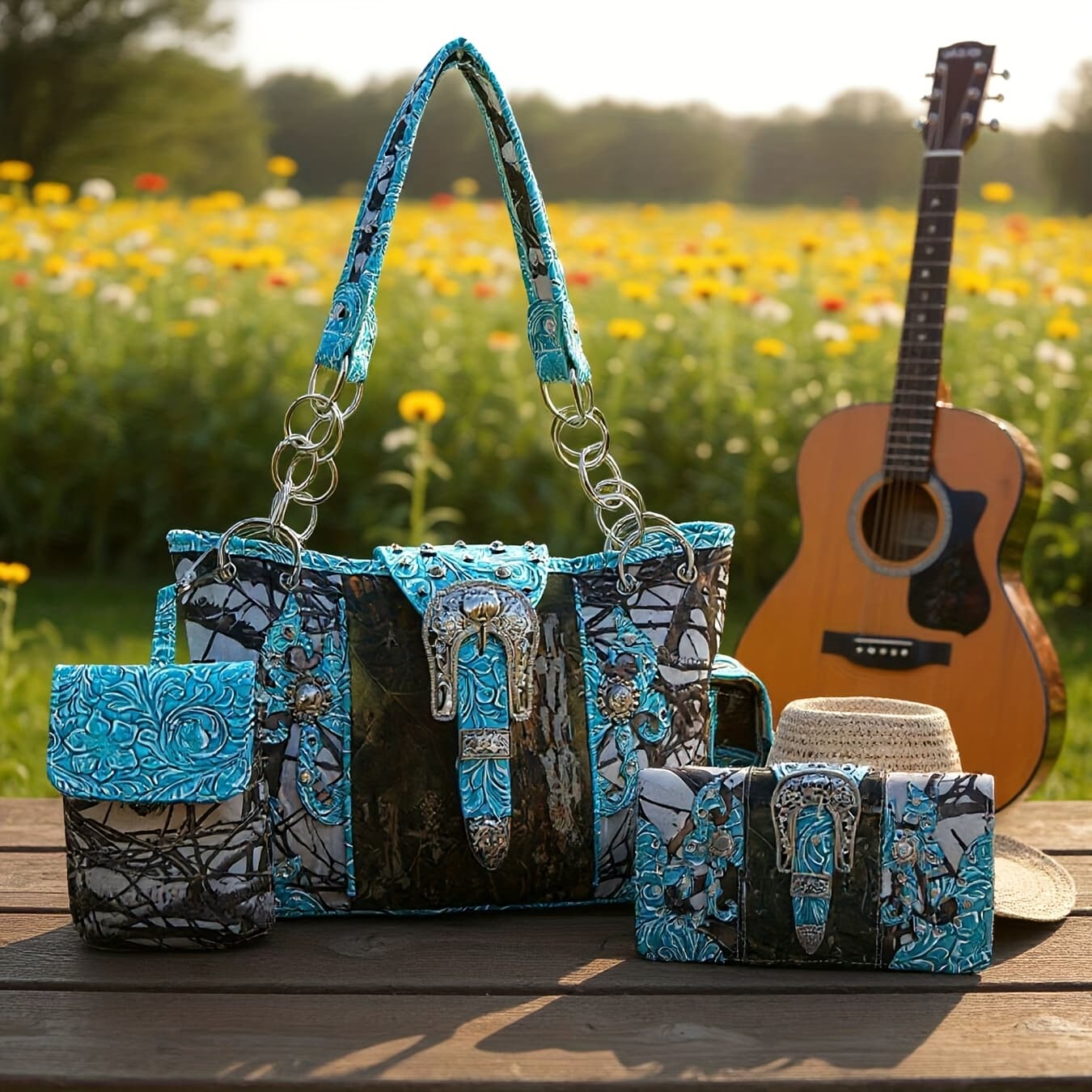 TEMU Western Style Camouflage Handbag With Decorative Buckles, Carved Rivets, Crossbody Women's Bag, Shoulder Bag, Wallet Set