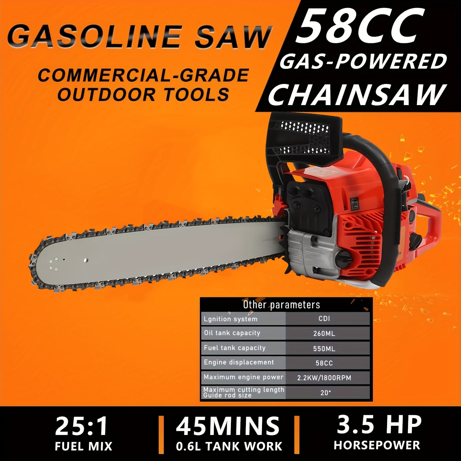 TEMU 20-inch High- Chainsaw - Industrial Power Tool For Wood Cutting And - 58cc Two-stroke Engine With Reliable Performance