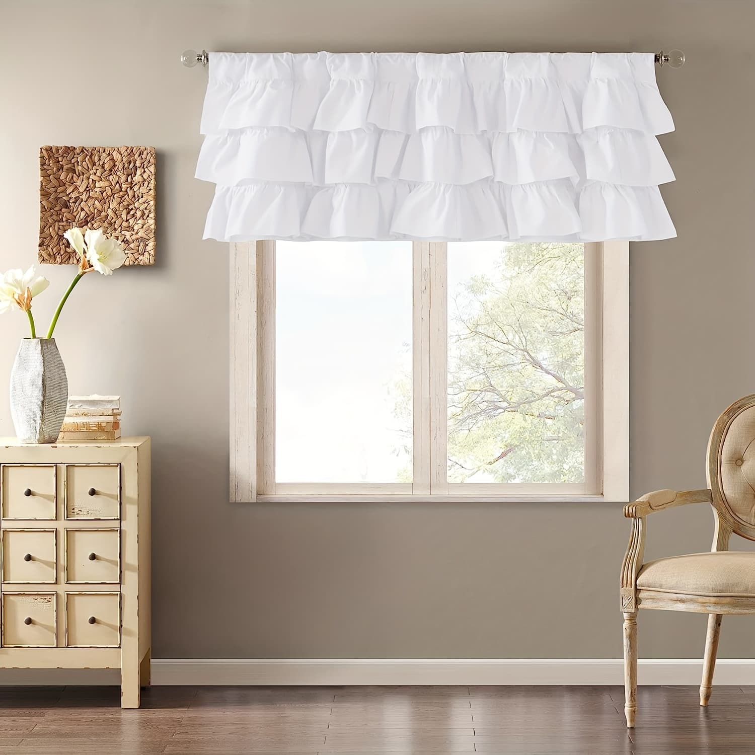 TEMU 1pc White Ruffle Farmhouse Valance Curtain Tier Soft Fabric Rustic Country Farmhouse Tiered Ruffles Valance, Curtain For Windows Kitchen Home Decor, 52"w X 18"h