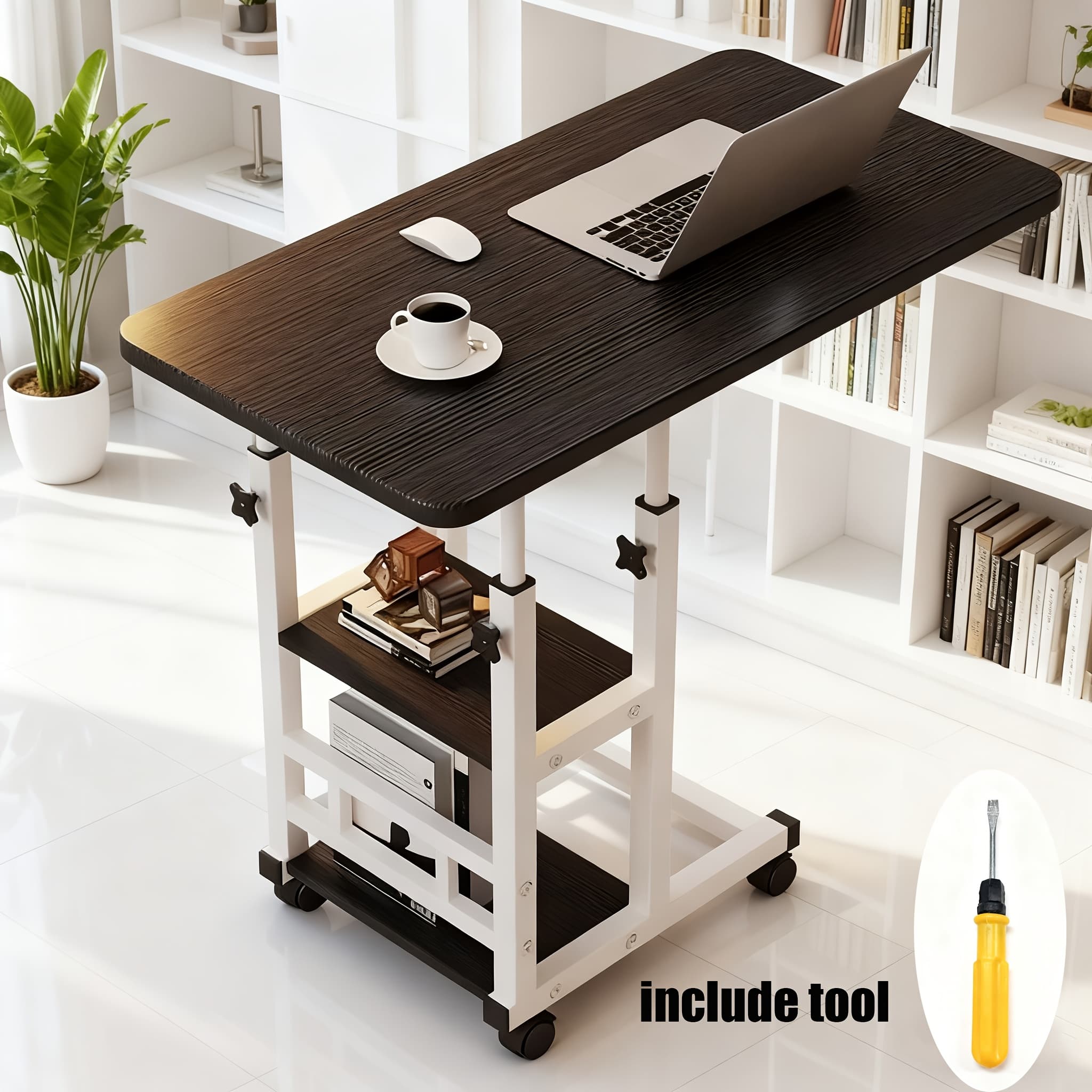TEMU 3-layer Portable Rolling Standing Desk With Adjustable Height, With Storage Shelves, Ideal For Small Spaces, Fits Study, Bedroom, Living Room, Home Office, Standing Desk, Gaming Desk