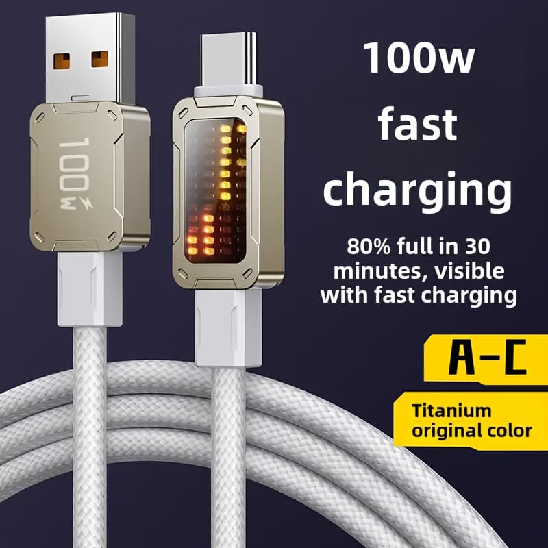 TEMU 2024 Vehicle Dynamic Atmosphere Light Data Cable Coarse, Durable Nylon Braided Charger 100w Light Display Charging Cable Usb-c