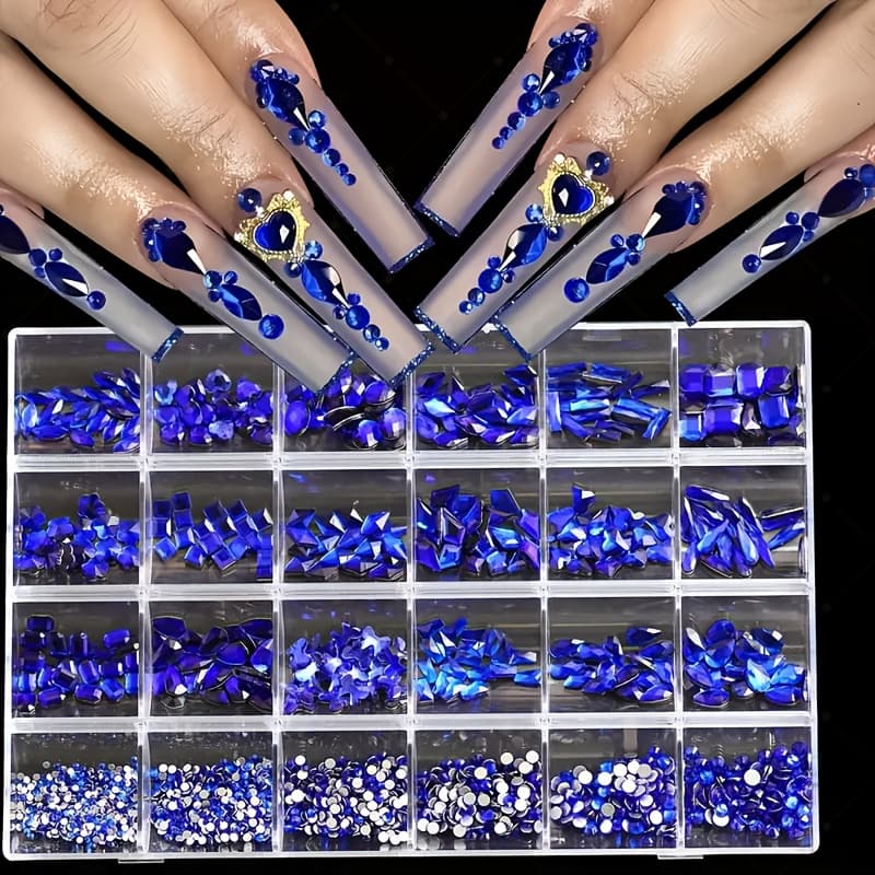 TEMU 24 Grid Royal Nail Water Shining Gemstone Multiple Shapes Mixed Nail Gem Flat Bottom 3d Nail Accessories Diy Nail Supplies