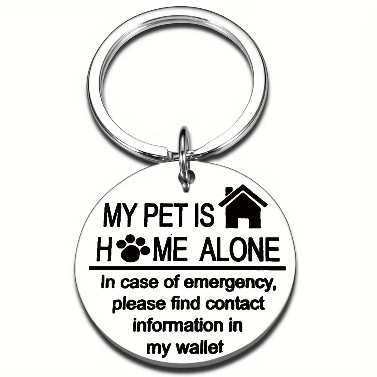 TEMU Engraved Stainless Steel Keychain - " Is Alone At Home" Message, For Pet Owners